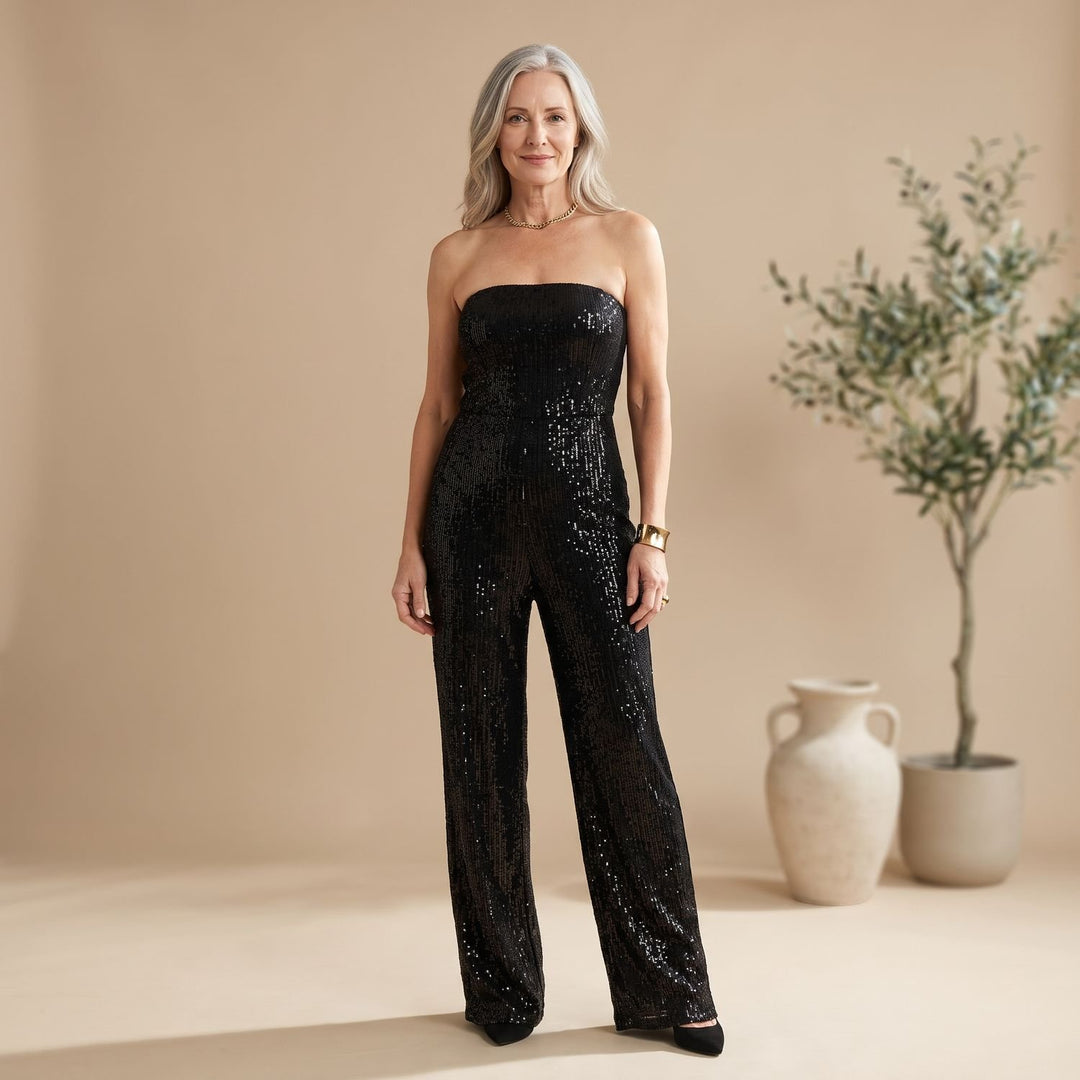 Women's Strapless Glitter Straight-Leg Formal Jumpsuit