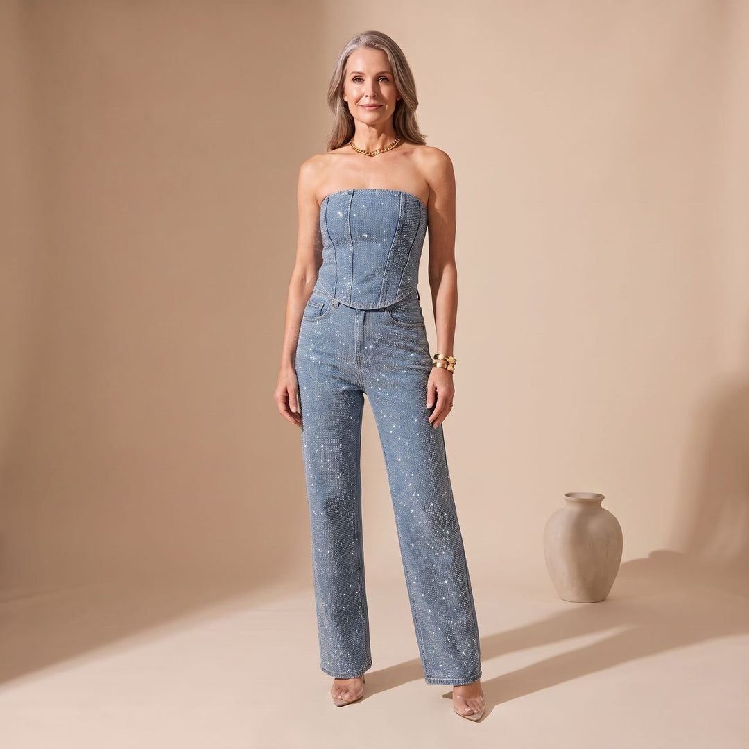 Women's Strapless Glitter Straight-Leg Formal Jumpsuit