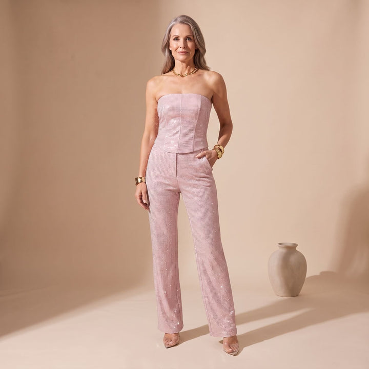 Women's Strapless Glitter Straight-Leg Formal Jumpsuit