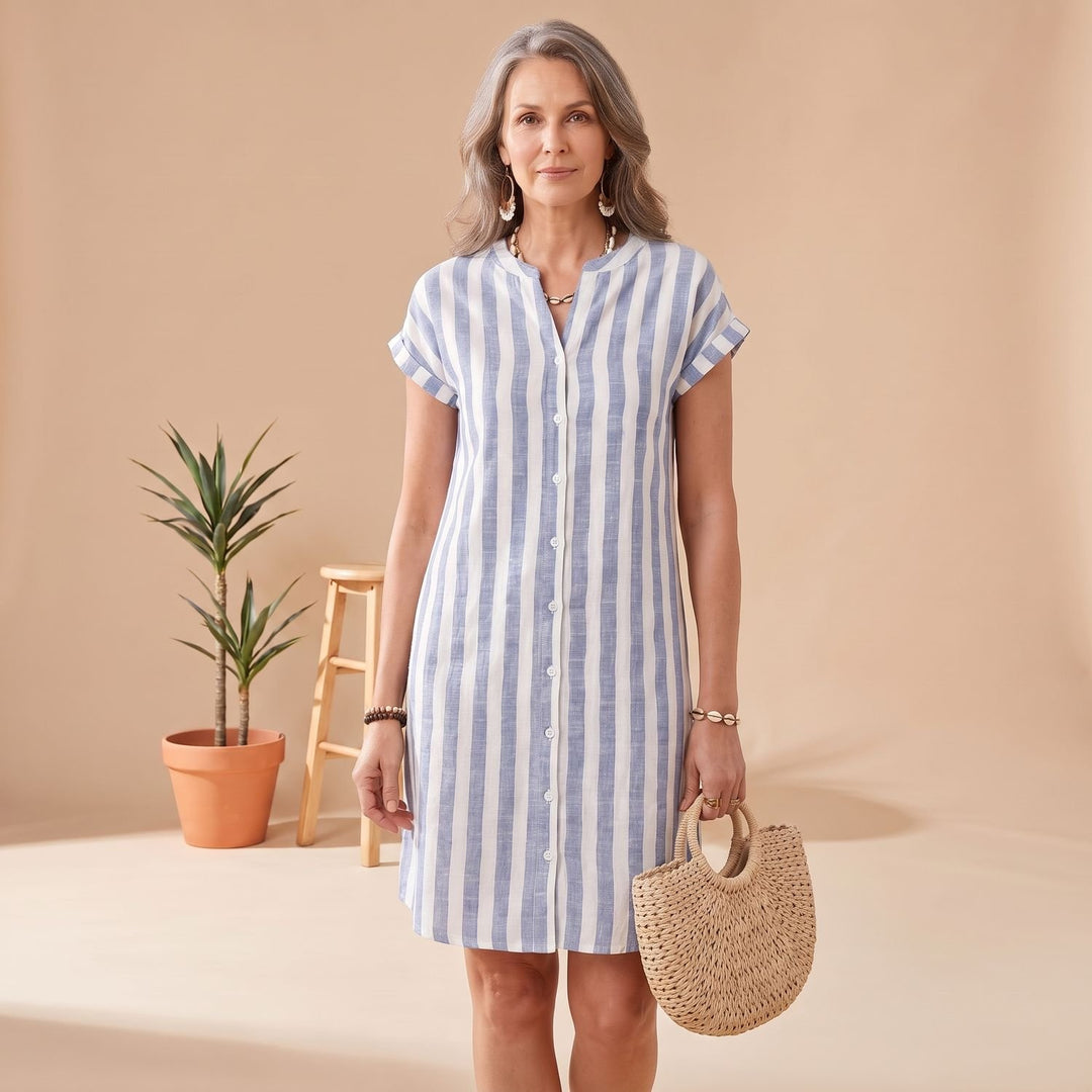 Women's Striped Button-Down Short-Sleeve Shirt Dress