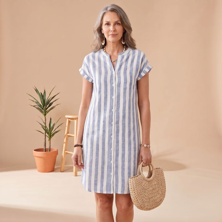 Women's Striped Button-Down Short-Sleeve Shirt Dress