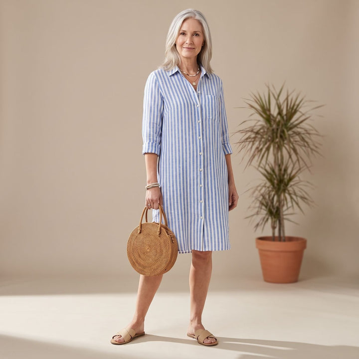 Women's Striped Button-Down Short-Sleeve Shirt Dress