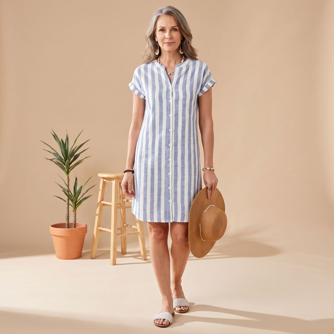 Women's Striped Button-Down Short-Sleeve Shirt Dress