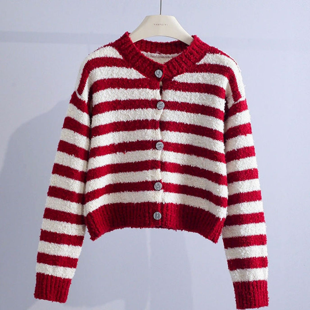 Women's Striped Button-Up Crew Neck Knit Cardigan - Red