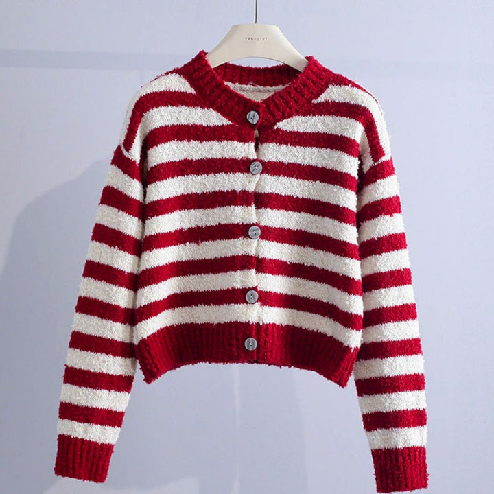 Women's Striped Button-Up Crew Neck Knit Cardigan - Red