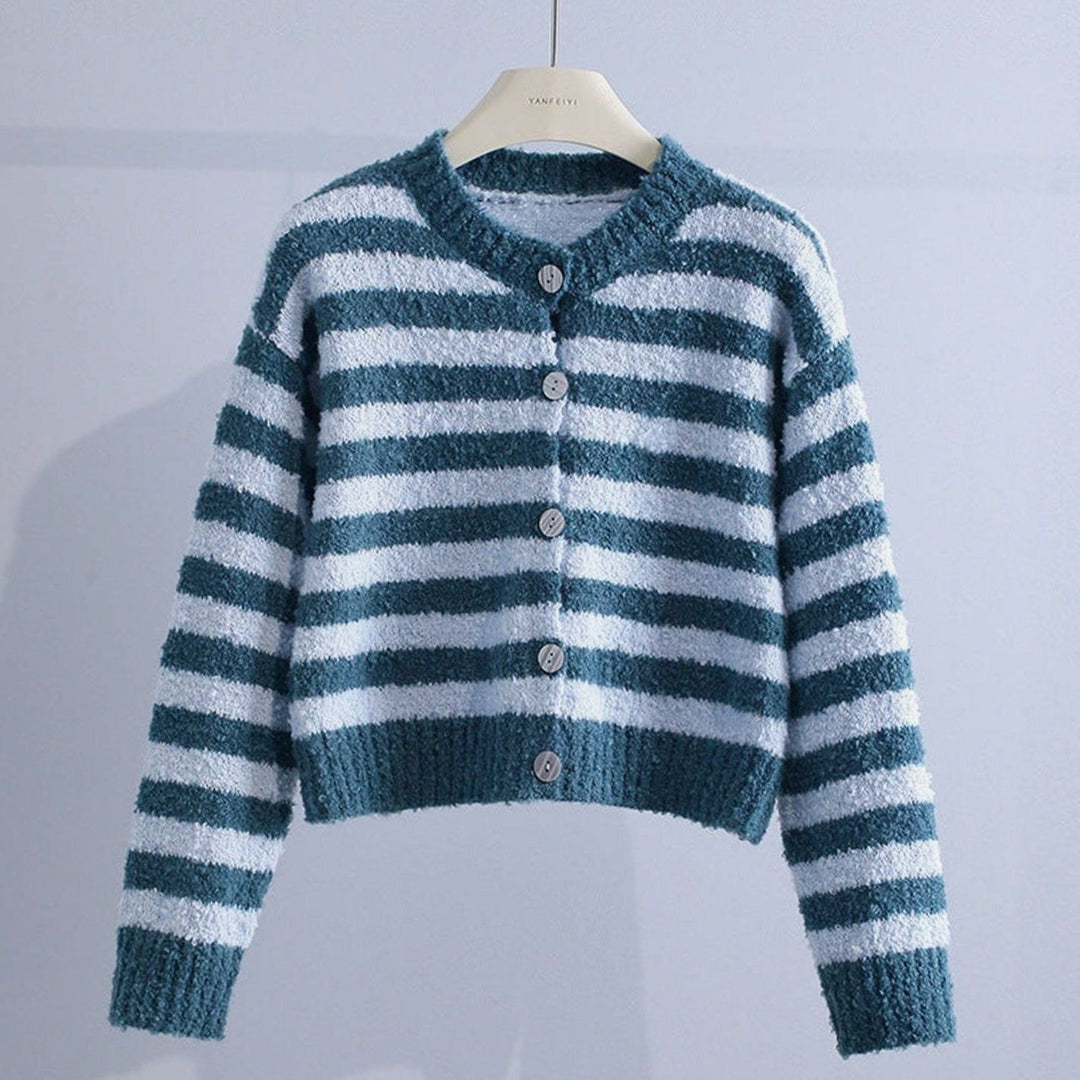 Women's Striped Button-Up Crew Neck Knit Cardigan - Blue