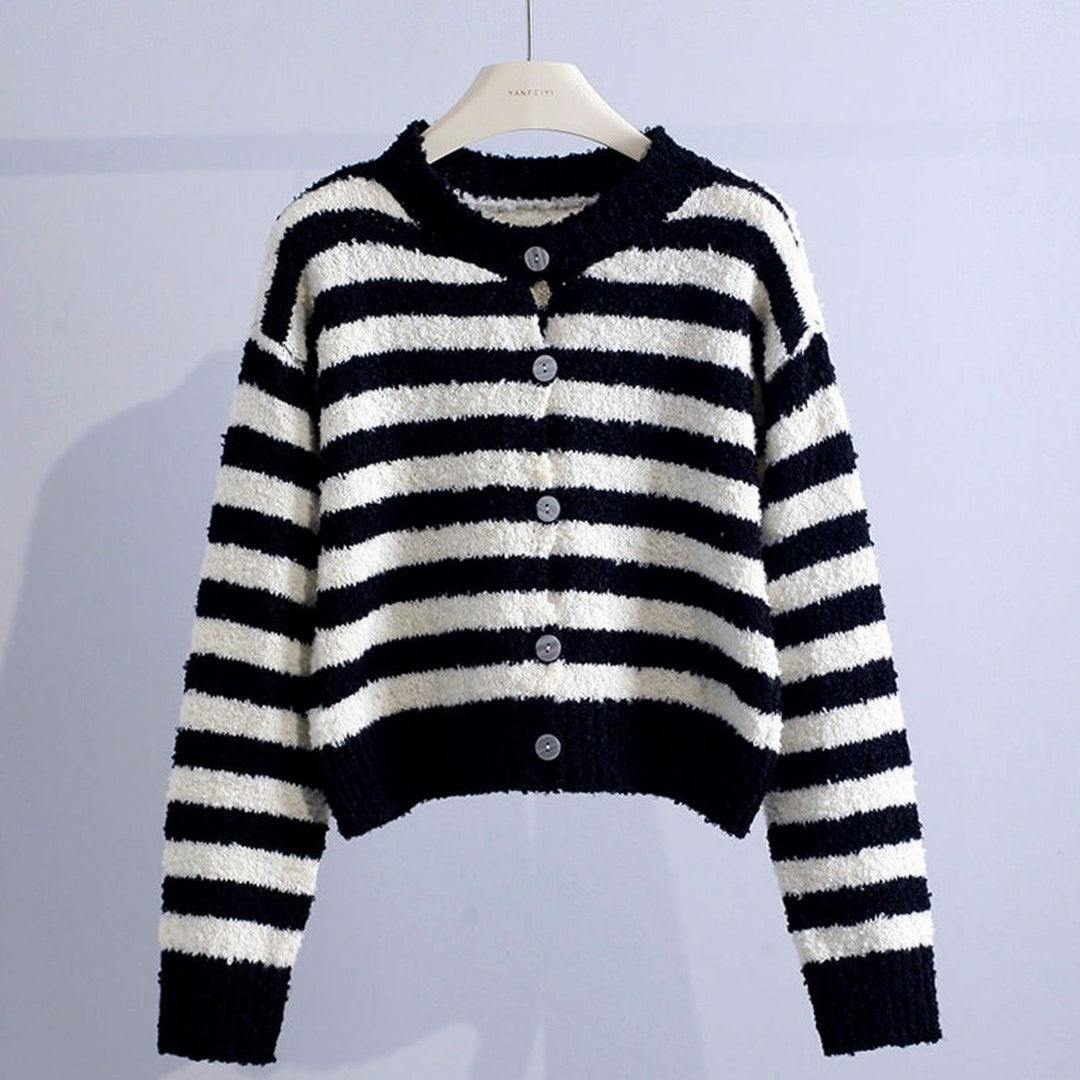 Women's Striped Button-Up Crew Neck Knit Cardigan - Black