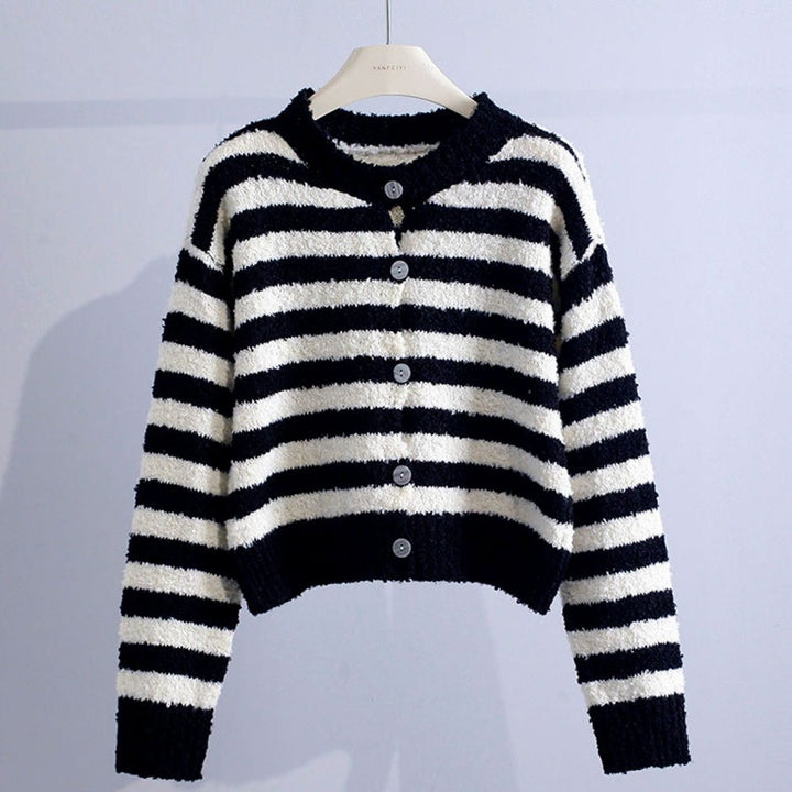 Women's Striped Button-Up Crew Neck Knit Cardigan - Black