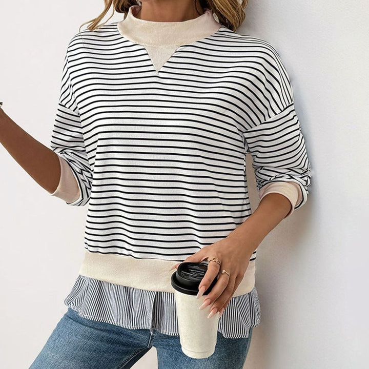 Women's Striped Sweatshirt Mock Neck Ruffle Hem Pullover - Black