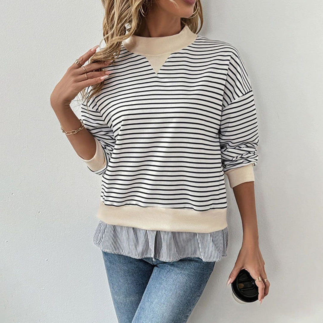 Women's Striped Sweatshirt Mock Neck Ruffle Hem Pullover