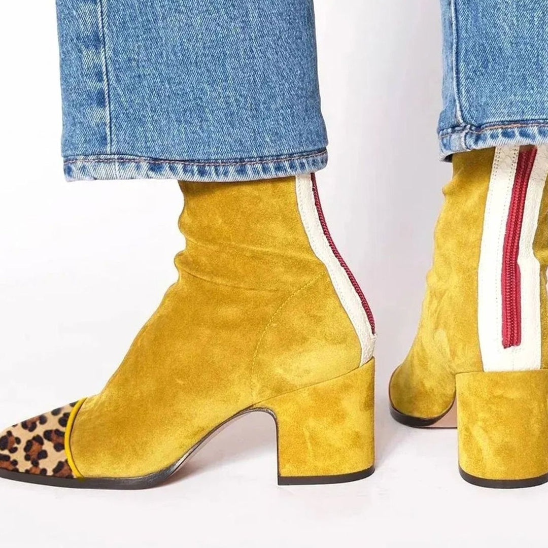 Women's Suede Block-Heel Leopard-Toe Zip Ankle Boots - Yellow