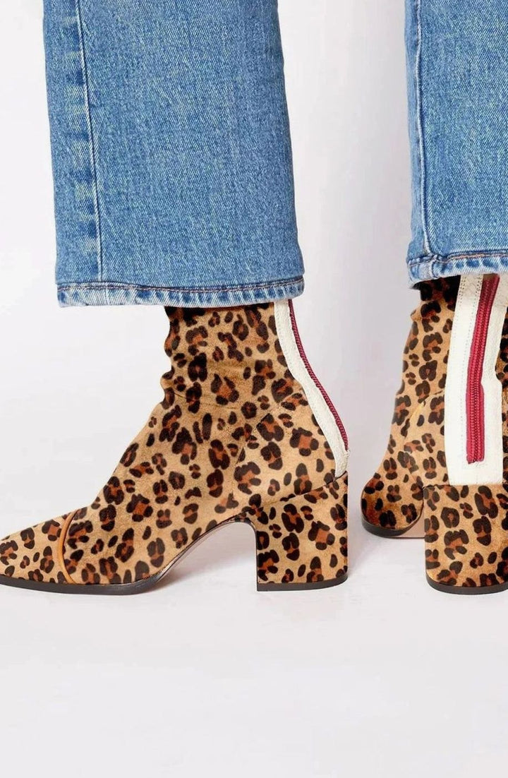 Women's Suede Block-Heel Leopard-Toe Zip Ankle Boots - Leopard Print