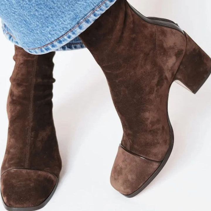 Women's Suede Block-Heel Leopard-Toe Zip Ankle Boots