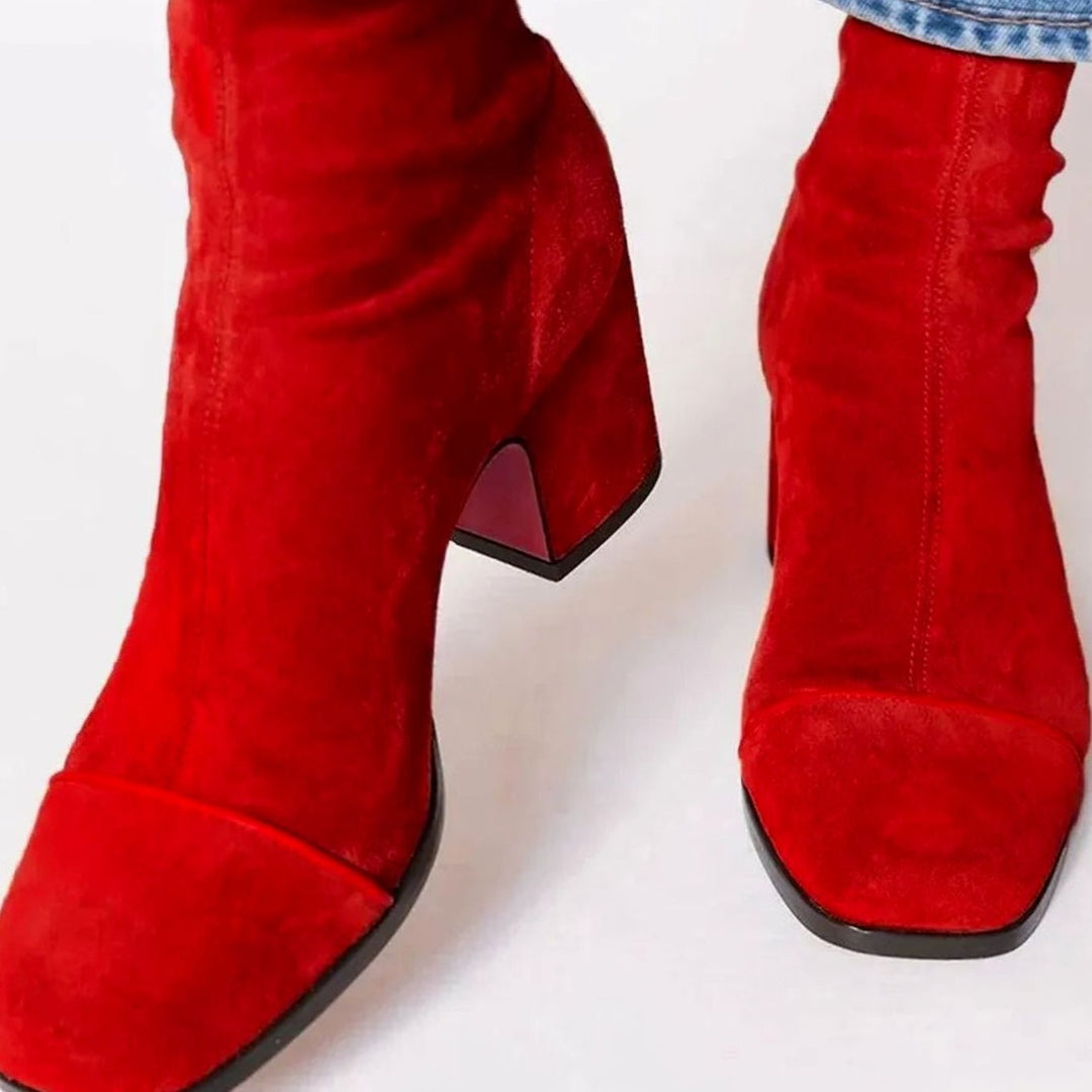 Women's Suede Block-Heel Leopard-Toe Zip Ankle Boots - Red