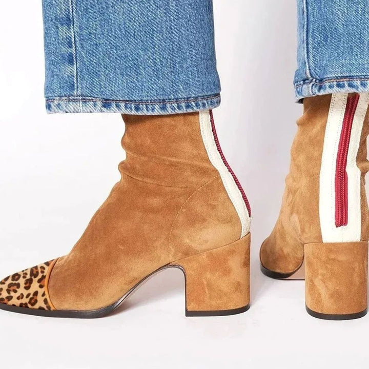 Women's Suede Block-Heel Leopard-Toe Zip Ankle Boots - Brown