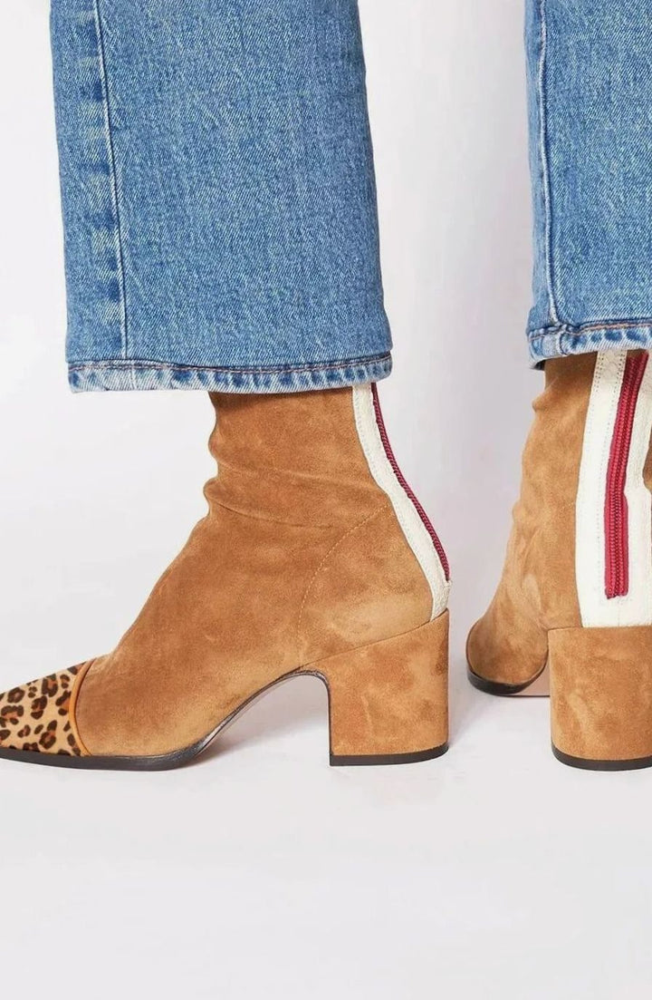 Women's Suede Block-Heel Leopard-Toe Zip Ankle Boots