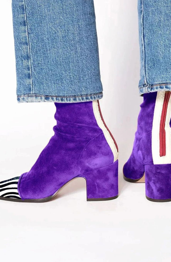 Women's Suede Block-Heel Leopard-Toe Zip Ankle Boots - Purple