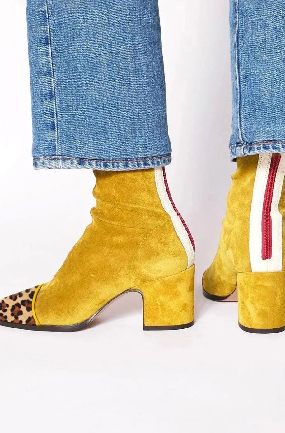 Women's Suede Block-Heel Leopard-Toe Zip Ankle Boots