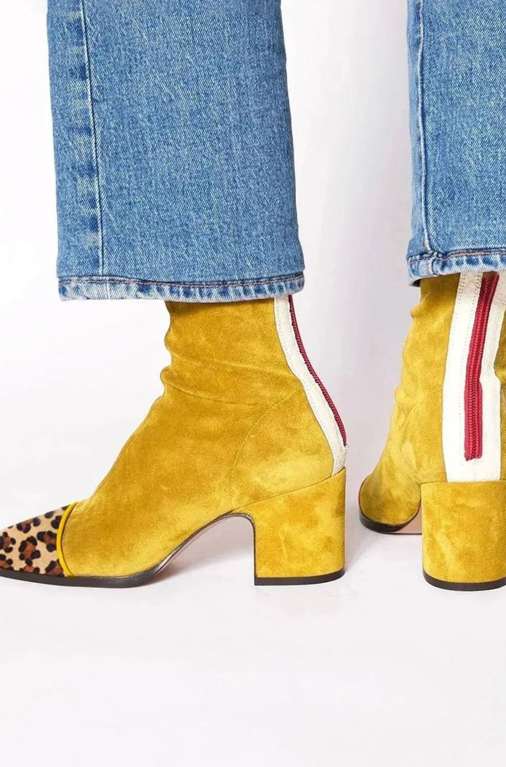 Women's Suede Block-Heel Leopard-Toe Zip Ankle Boots