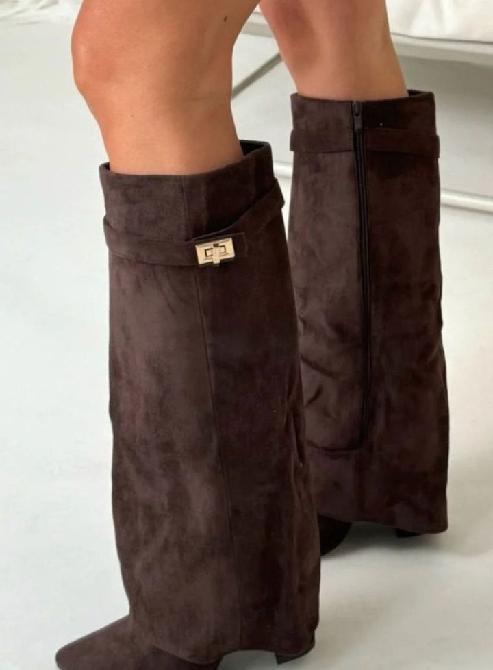 Women's Suede Fold-Over Knee-High Boots Gold Clasp Detail - Dark Brown