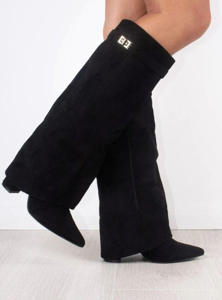 Women's Suede Fold-Over Knee-High Boots Gold Clasp Detail