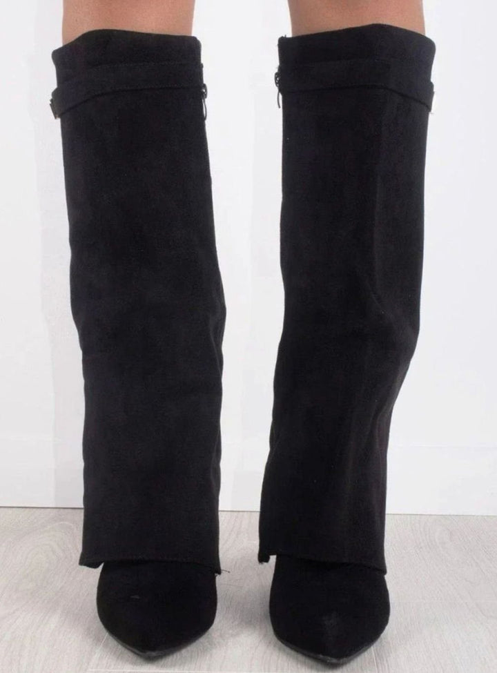 Women's Suede Fold-Over Knee-High Boots Gold Clasp Detail