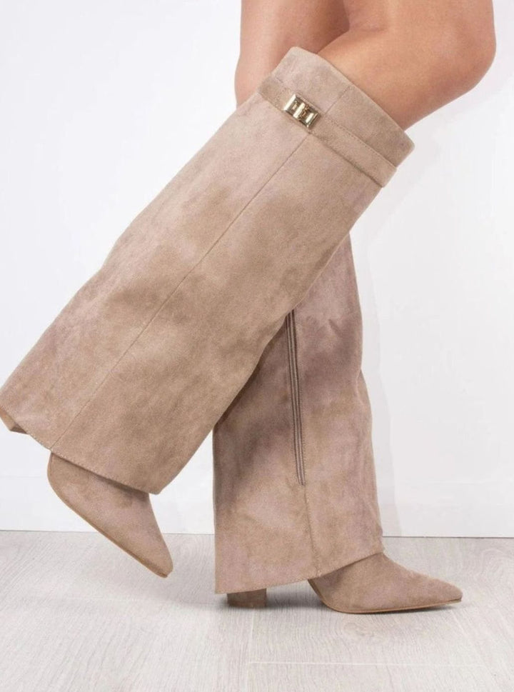 Women's Suede Fold-Over Knee-High Boots Gold Clasp Detail