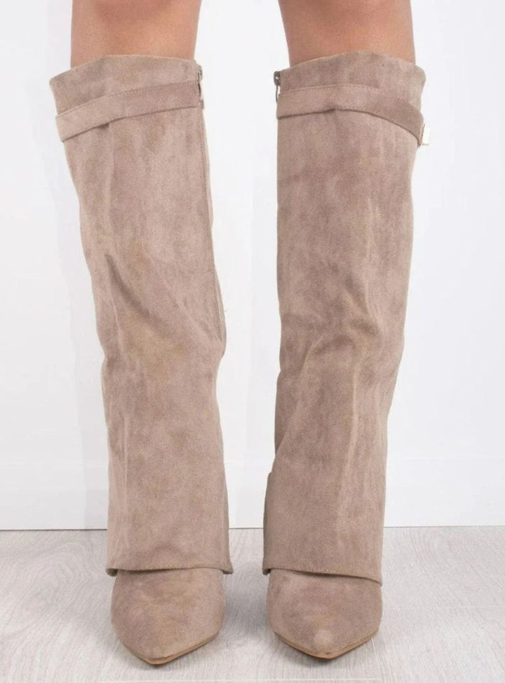 Women's Suede Fold-Over Knee-High Boots Gold Clasp Detail