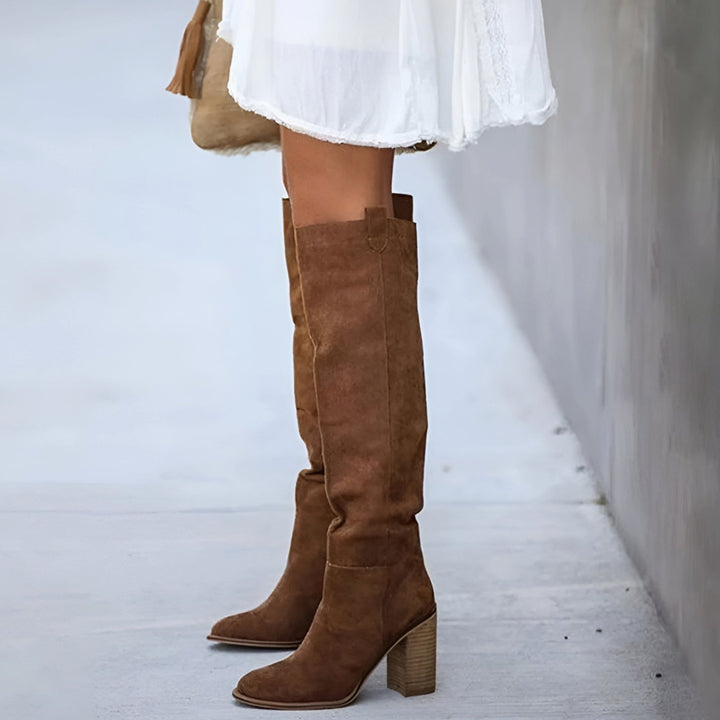 Women's Suede Knee High Boots Block Heel Pointed Toe