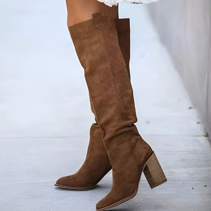 Women's Suede Knee High Boots Block Heel Pointed Toe