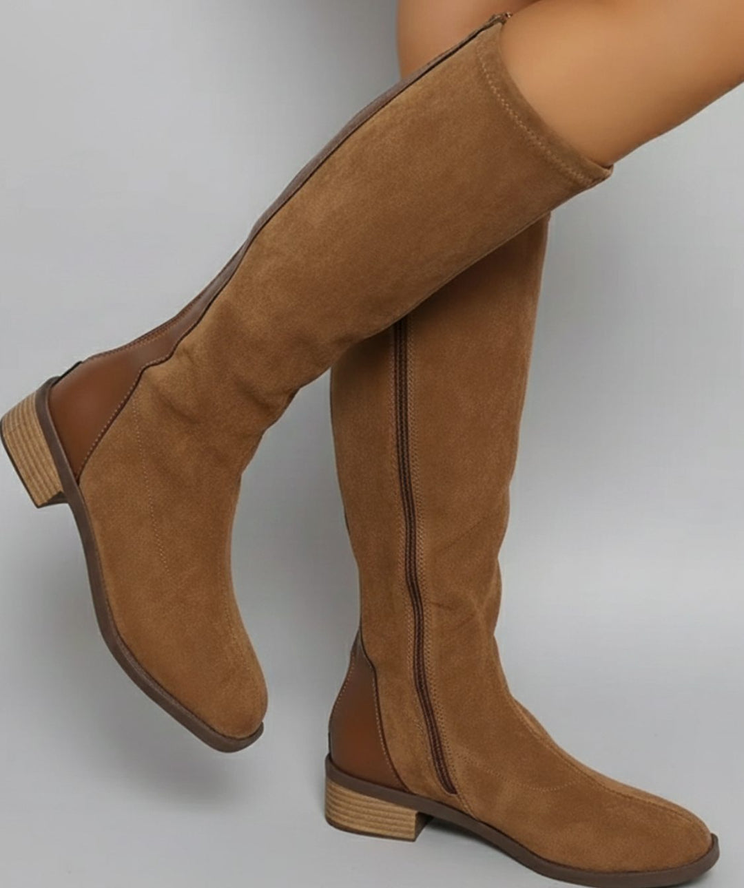 Women's Suede Look Knee High Boots Low Block Heel Side Zip - Light Brown