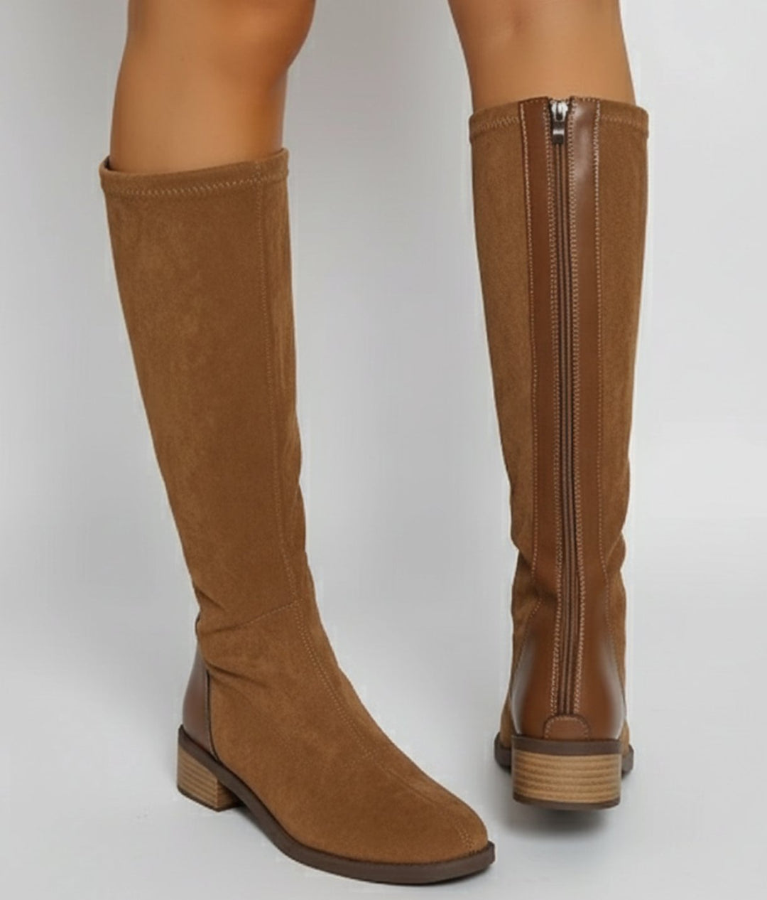 Women's Suede Look Knee High Boots Low Block Heel Side Zip