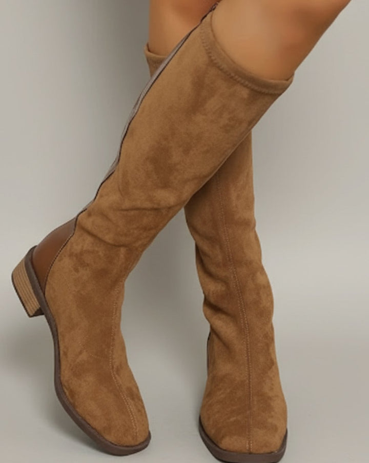 Women's Suede Look Knee High Boots Low Block Heel Side Zip