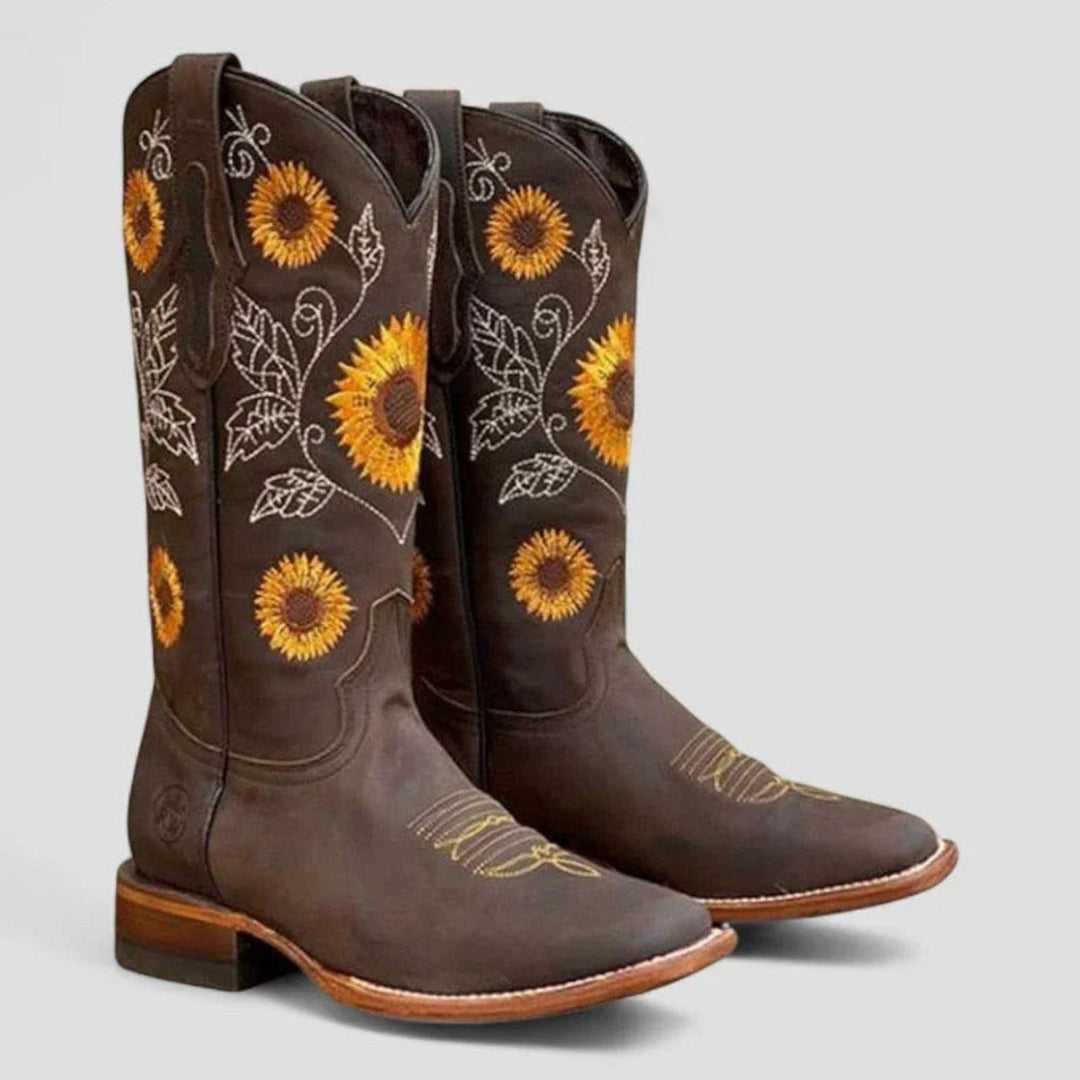 Women's Sunflower Embroidered Square-Toe Western Cowboy Boots - Dark Brown