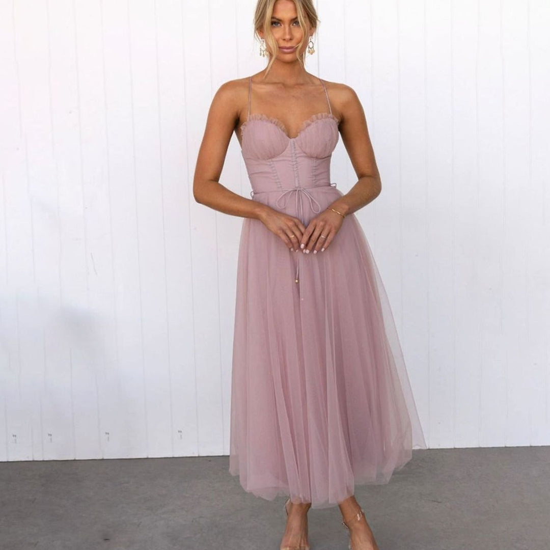 Women's Sweetheart Corset Tulle Midi Cocktail Dress - Pink