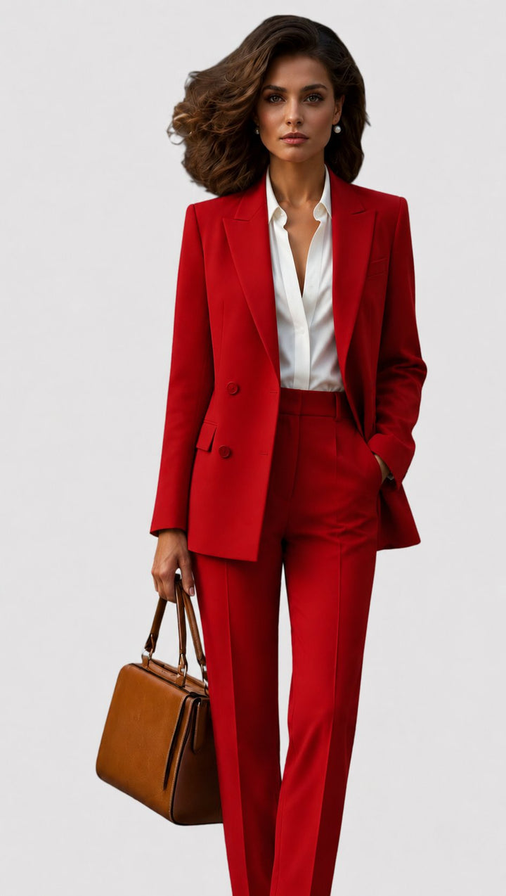 Women's Tailored Business Suit Set Professional Blazer Trousers - Red