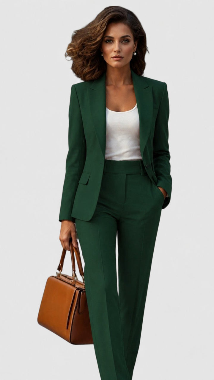 Women's Tailored Business Suit Set Professional Blazer Trousers - Dark Green