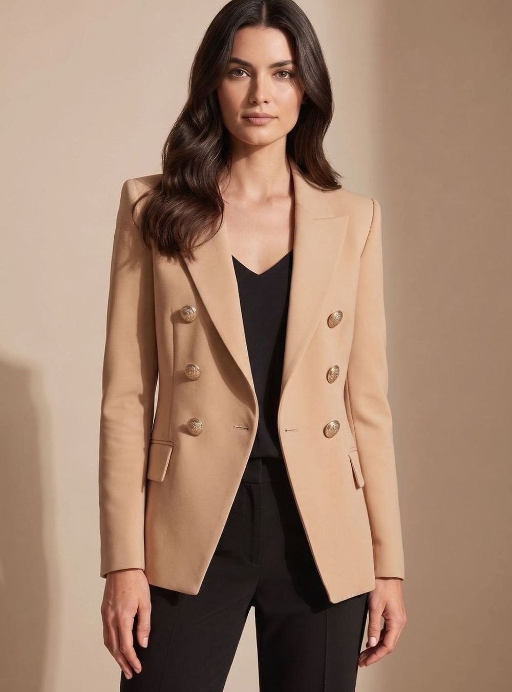 Women's Tailored Double-Breasted Gold-Button Blazer - Khaki