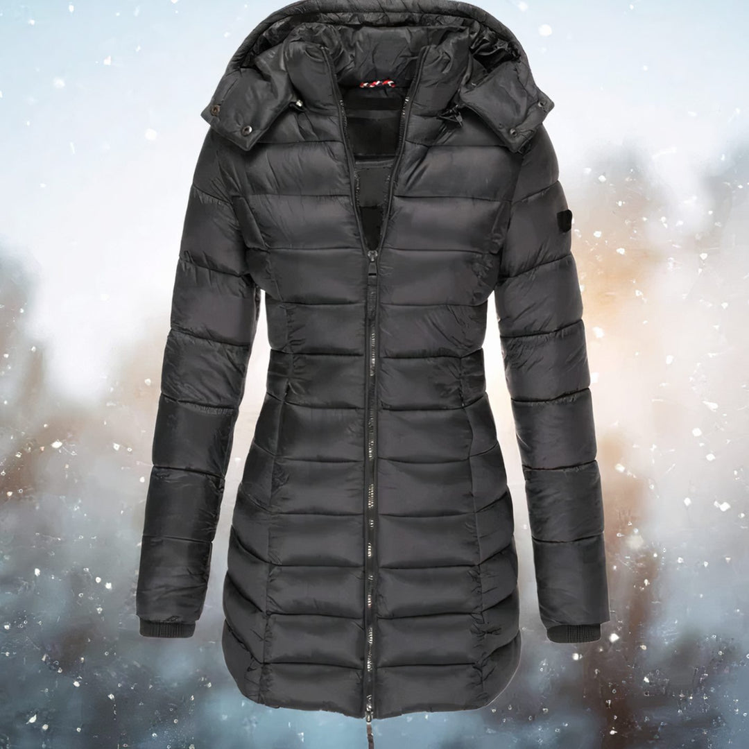 Women's Tailored-Fit Hooded Quilted Jacket Long Puffer Coat - Black