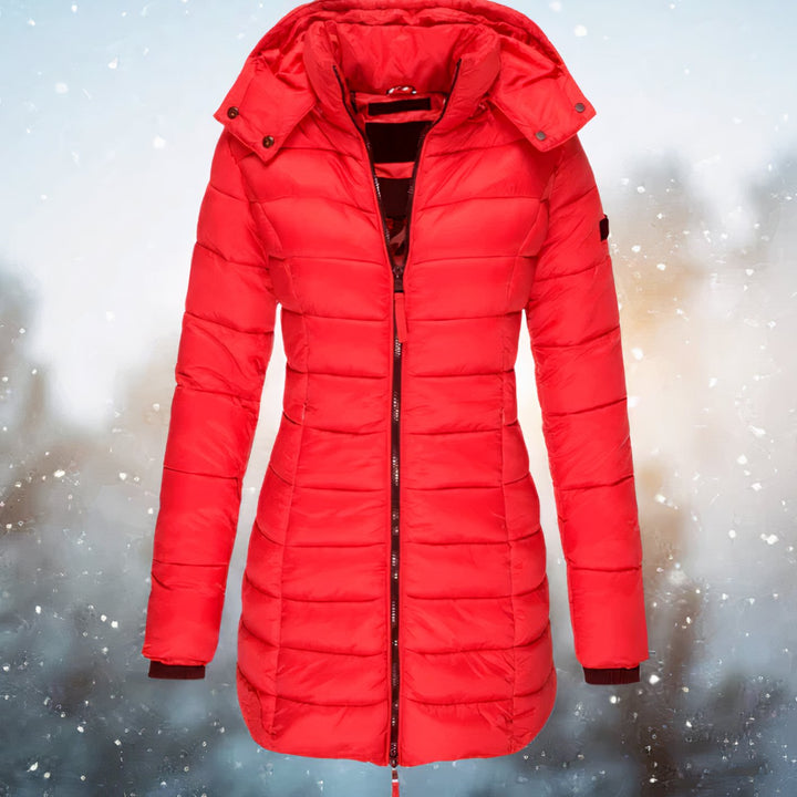 Women's Tailored-Fit Hooded Quilted Jacket Long Puffer Coat - Red