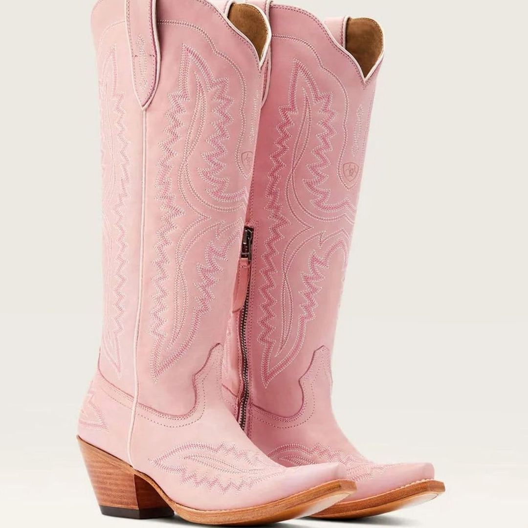 Women's Tall Embroidered Pointed-Toe Cuban Heel Cowboy Boots - Pink
