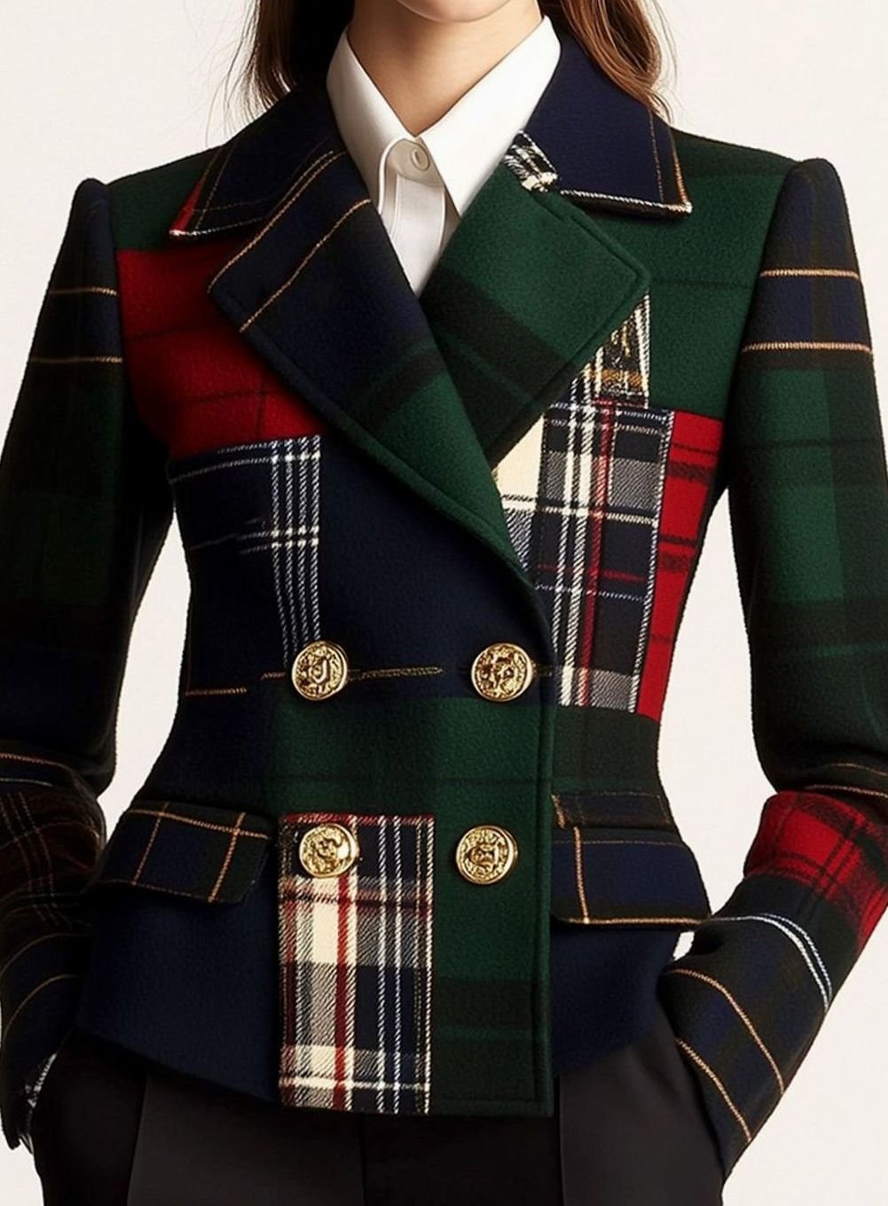 Women's Tartan Plaid Double-Breasted Structured Blazer Jacket - Green