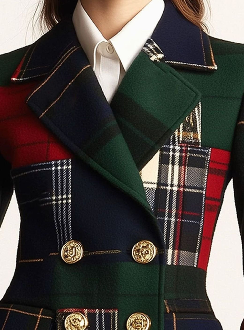 Women's Tartan Plaid Double-Breasted Structured Blazer Jacket