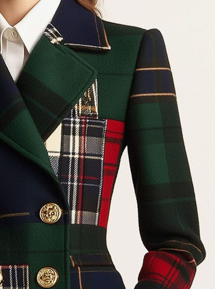 Women's Tartan Plaid Double-Breasted Structured Blazer Jacket