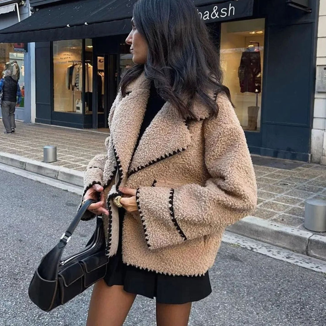 Women's Teddy Fleece Faux Fur Coat Contrast-Trim Notch Lapel Jacket