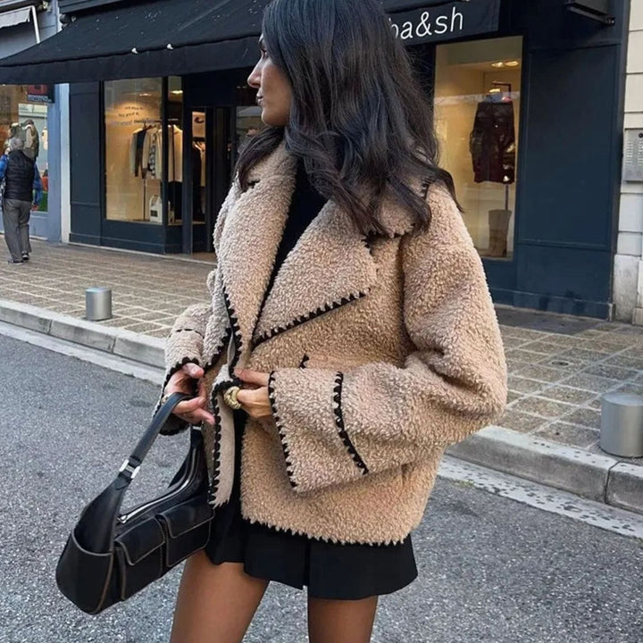 Women's Teddy Fleece Faux Fur Coat Contrast-Trim Notch Lapel Jacket