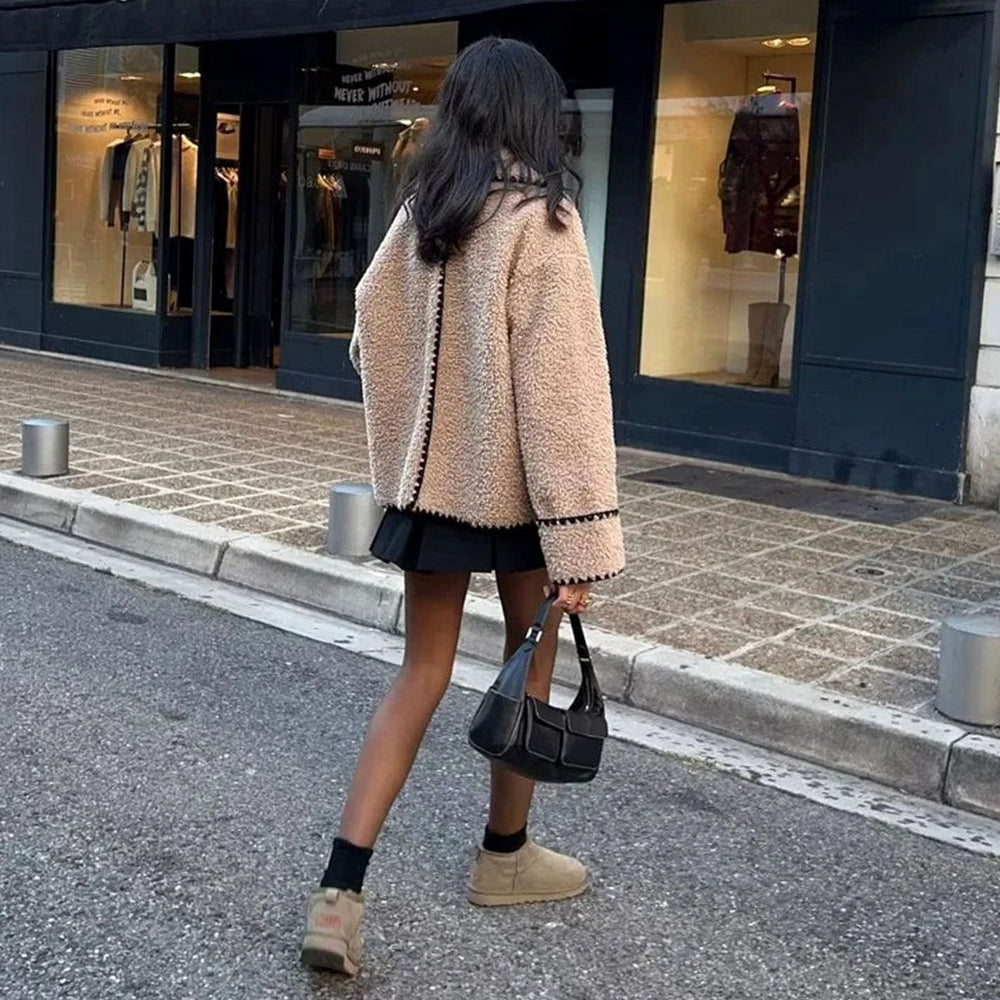 Women's Teddy Fleece Faux Fur Coat Contrast-Trim Notch Lapel Jacket