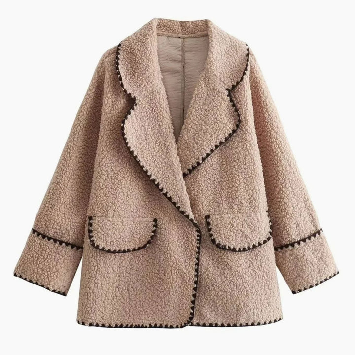 Women's Teddy Fleece Faux Fur Coat Contrast-Trim Notch Lapel Jacket - Khaki