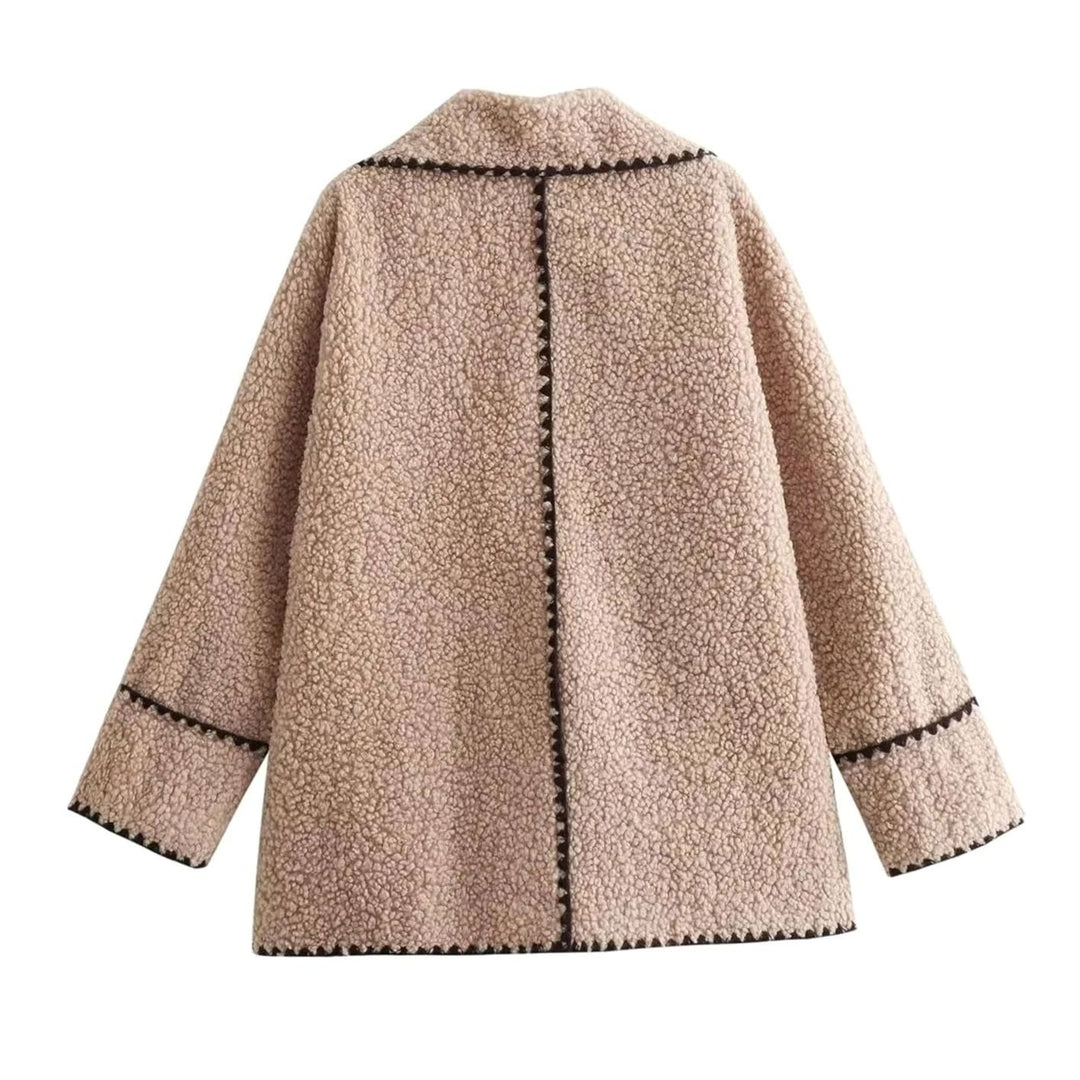 Women's Teddy Fleece Faux Fur Coat Contrast-Trim Notch Lapel Jacket