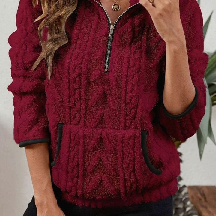 Women's Textured Fleece Half-Zip Kangaroo Pocket Pullover Sweater - Burgundy